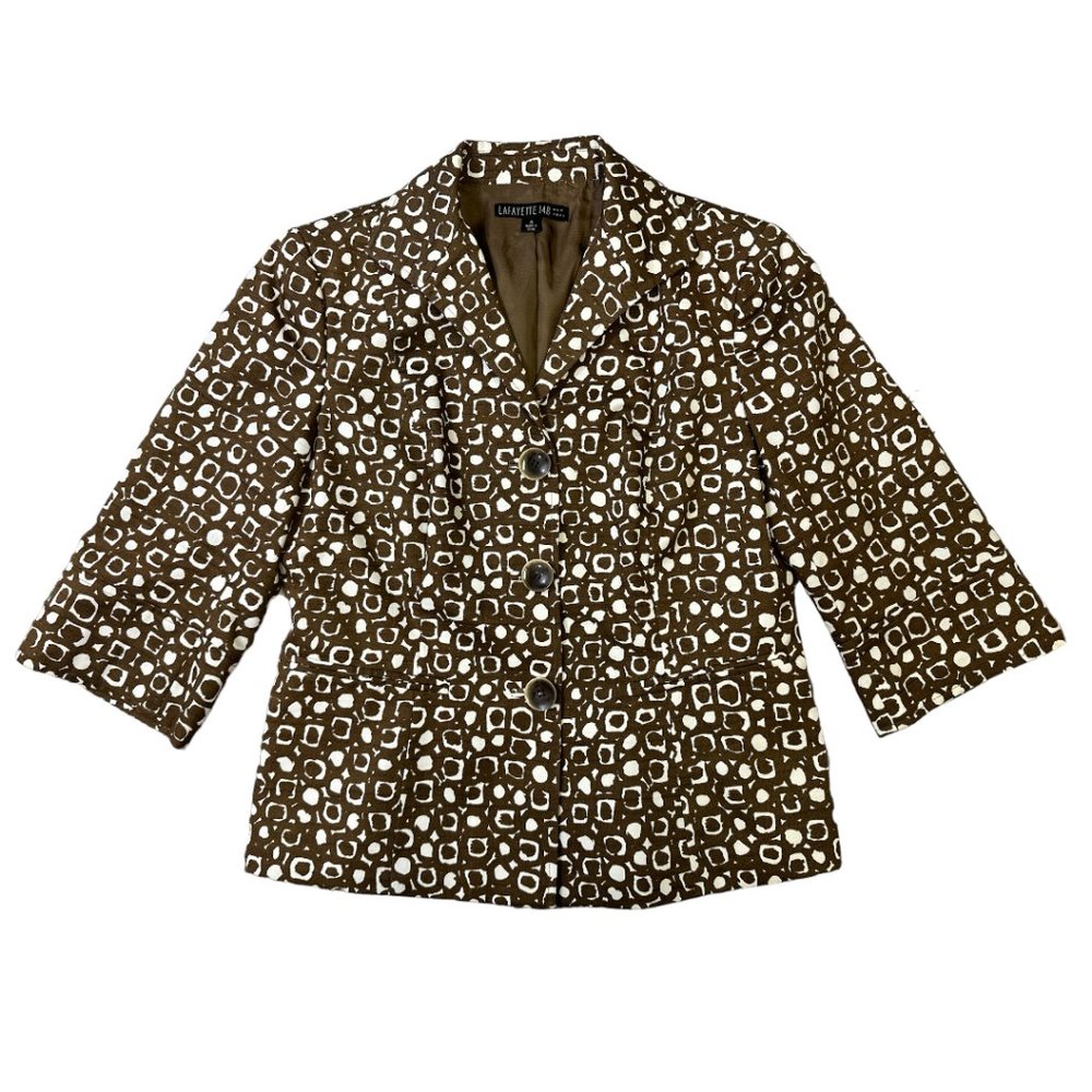Lafayette 148 New York Blazer Jacket Brown White Print Sz 6 Cotton